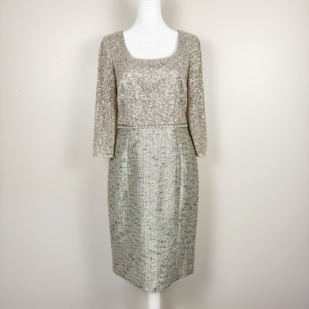 Kay Unger New York 3/4 Sleeve Lace Sequin Sheath Dress MOB MOG Silver Size 6